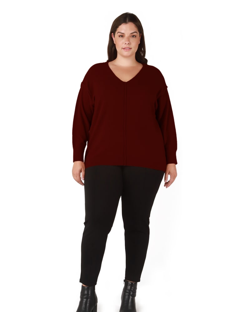 Front of a model wearing a size 0X Fiona V-Neck Sweater in Burgundy by DEX PLUS. | dia_product_style_image_id:246247